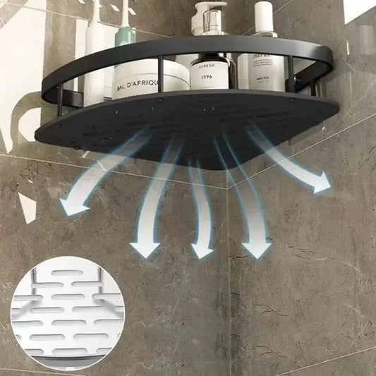 WinniHouse corner bathroom storage organizer with adhesive, wall-mounted shower shelf with drain for bathroom organization.