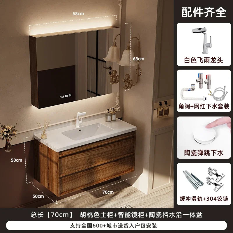 Solid wood bathroom cabinet with vintage style and sink, featuring toilet separator and storage shelves, by WinniShop.