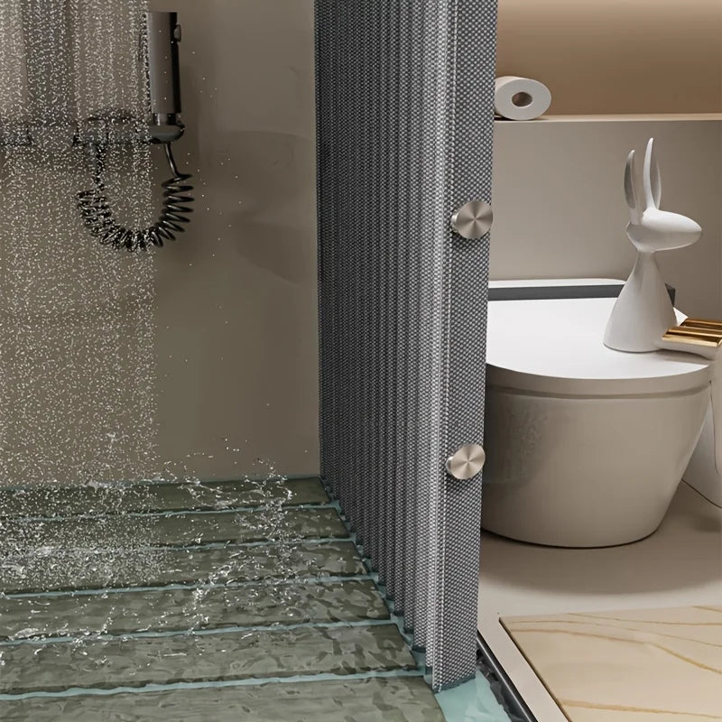 WinniHouse foldable magnetic shower curtain with suction cups, made of waterproof fabric for easy bathroom use.