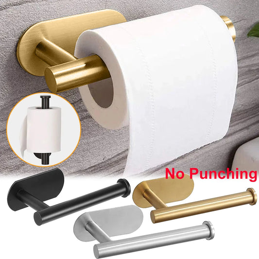 WinniHouse stainless steel adhesive toilet paper holder and bathroom organizer, wall-mounted without drilling, for towel and storage.