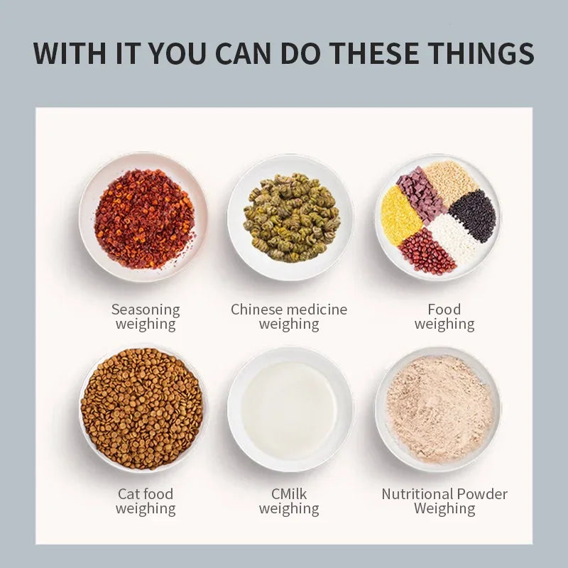 Digital 500g WinniHouse precision kitchen scale with LCD display and measuring spoon, showing measurement in grams.