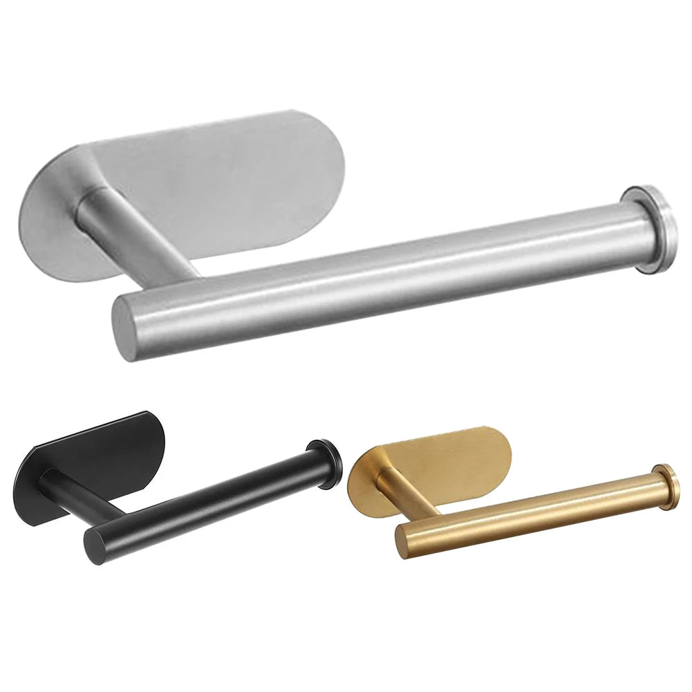 WinniHouse stainless steel adhesive toilet paper holder mounted on bathroom wall, with a sleek, perforation-free design for towel storage.