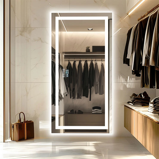 LED smart bathroom mirror with Bluetooth and anti-fog, wall-mounted, by WinniHouse, featuring modern design and built-in lighting.