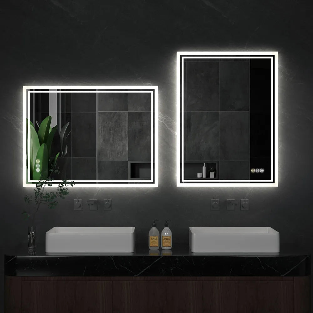WinniShop LED backlit bathroom mirror with defogger, frameless design, adjustable brightness, ideal for bathroom, shower, or shaving.