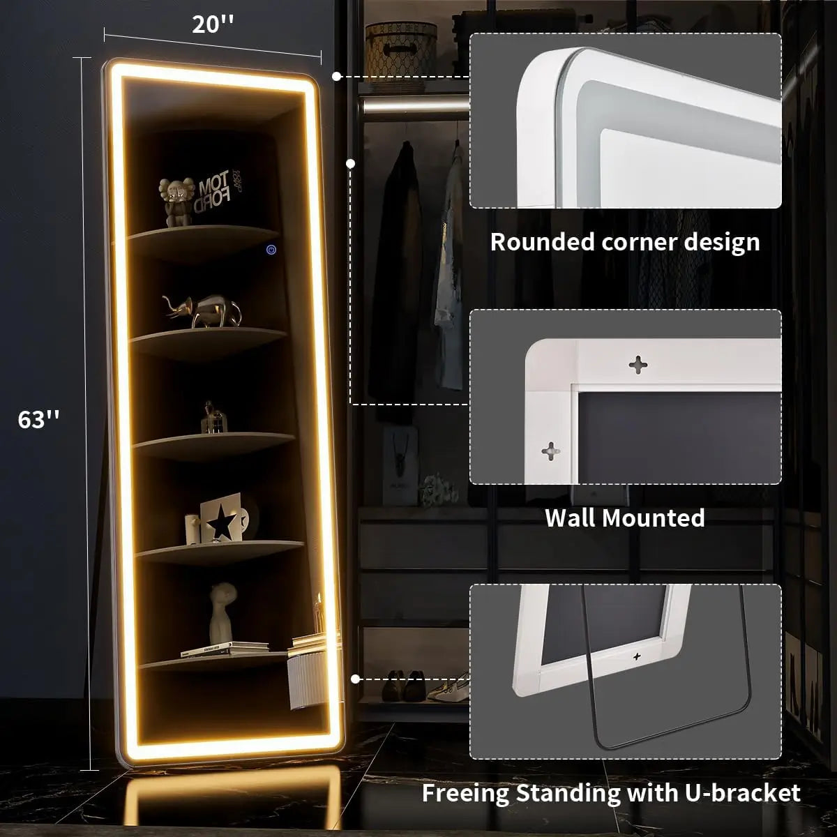 Full-length LED body mirror by WinniHouse, 63x20 inches with adjustable lighting and three color temperature options.