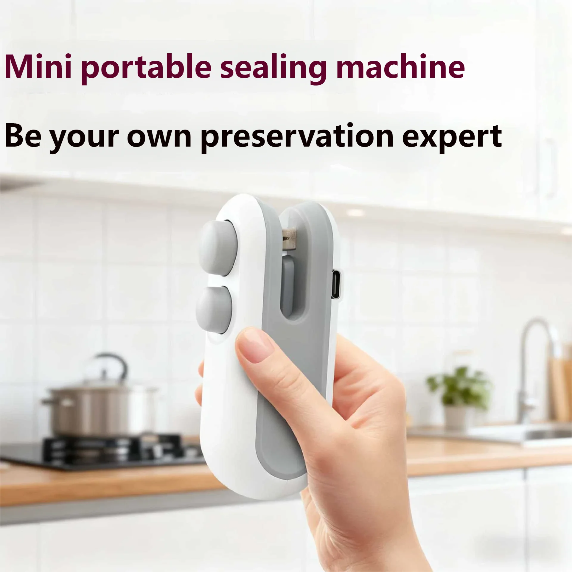 Portable WinniShop HOMEFISH mini USB food sealer with plastic bag and clip, compact rechargeable thermal food sealing device.