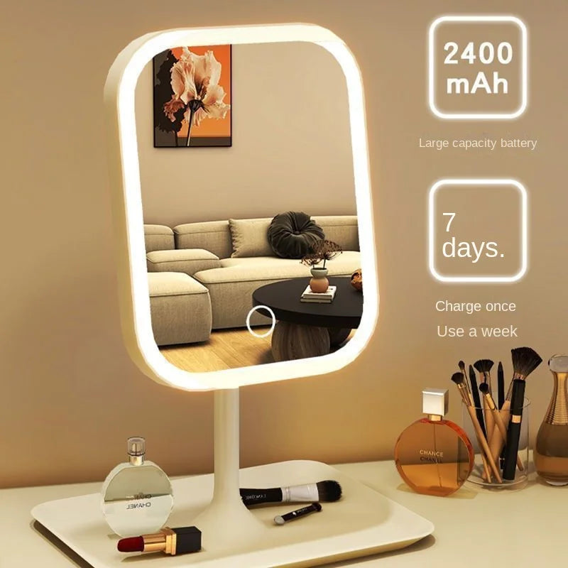 LED touch makeup mirror with 3 light temperatures, rechargeable battery, and sleek compact design by WinniHouse.