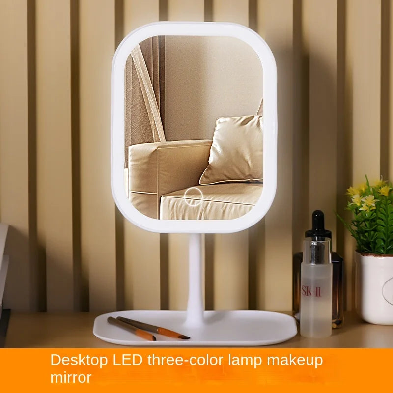 LED touch makeup mirror by WinniHouse showing adjustable three-light temperatures and rechargeable battery in a modern design.