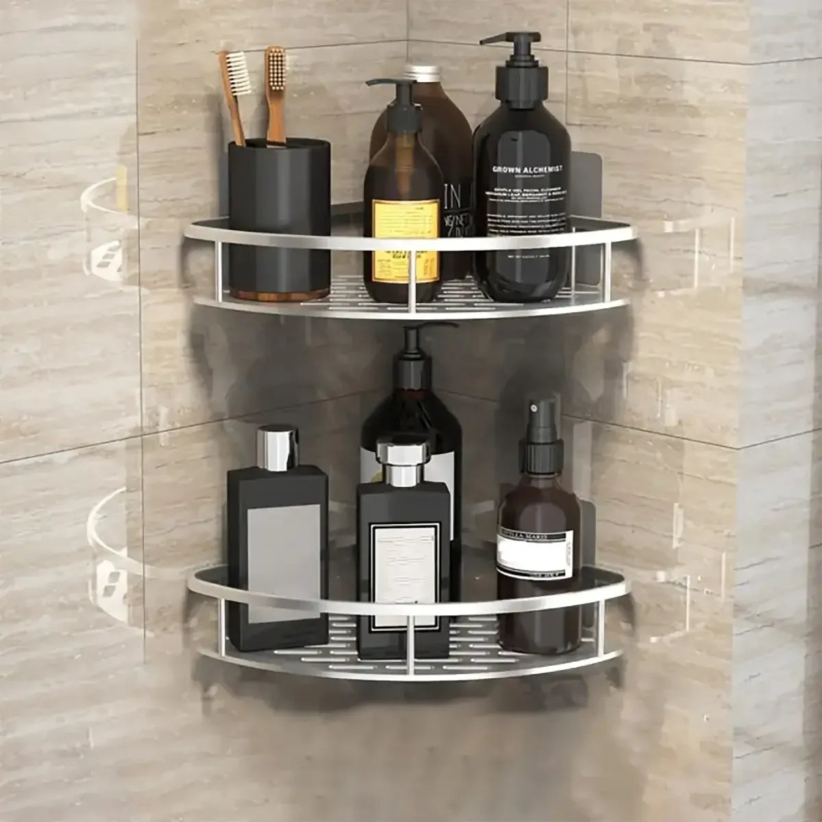 Wall-mounted bathroom storage shelf by WinniHouse, shower organizer for shampoo and bathroom accessories, easy to install and space-saving.