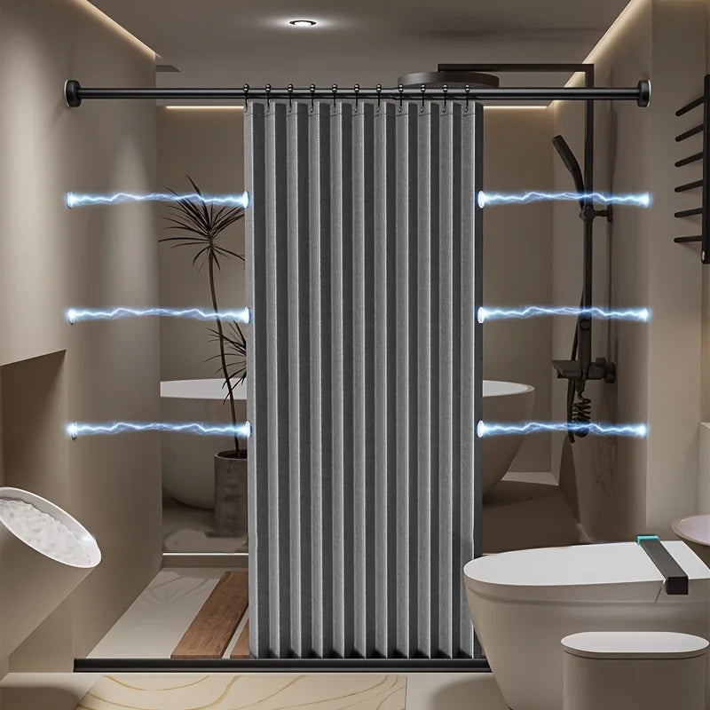 Foldable magnetic shower curtain from WinniHouse with easy-to-adhere suction cups, designed for quick installation and waterproof privacy.