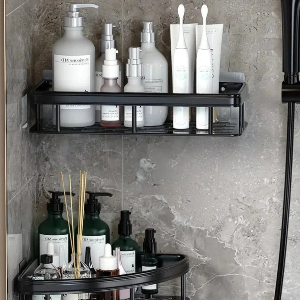 WinniHouse corner bathroom storage organizer with adhesive mount, wall-mounted shower shelf, and drainage for bathroom organization.