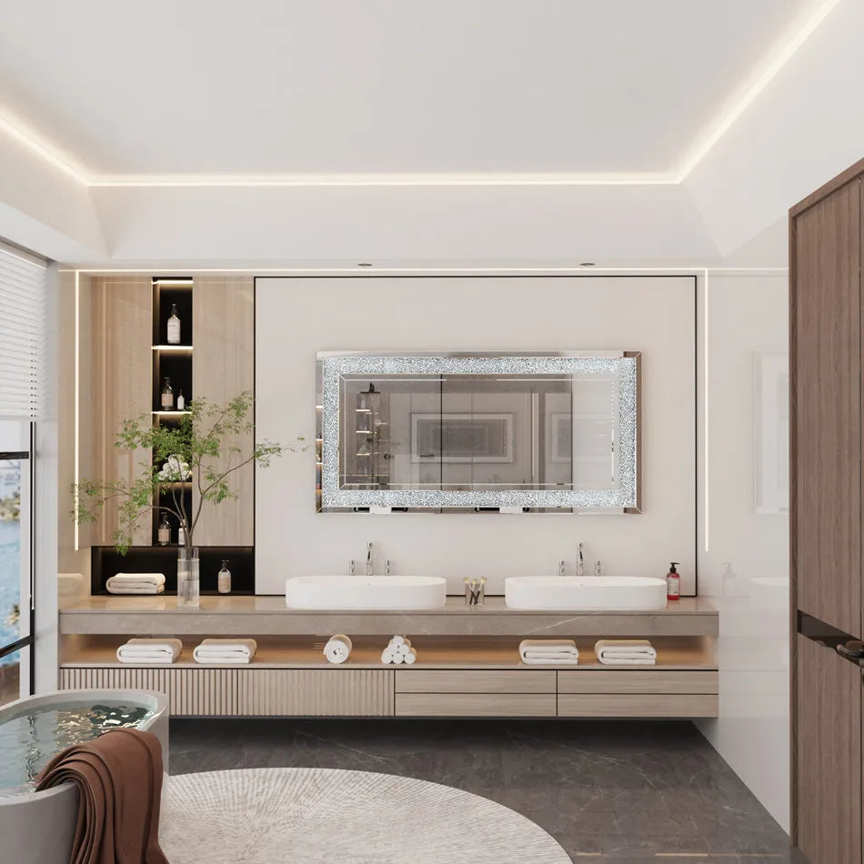Large wall-mounted LUVODI unframed vanity mirror with sparkling crystal accents, silver finish, ideal for home or hotel decor.