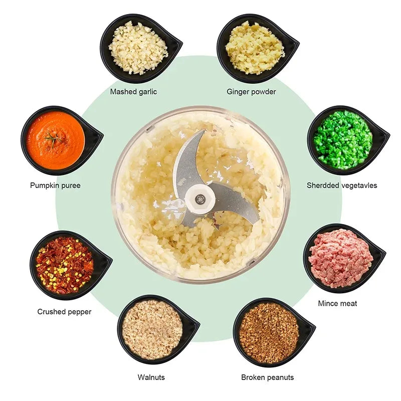 Electric garlic chopper from WinniHouse, USB-powered with 250ml capacity and compact 100ml bowl for efficient garlic mincing.