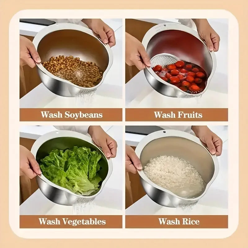 WinniHouse stainless steel rice washing bowl with strainer, ideal for rinsing rice, fruits, and vegetables in the kitchen.