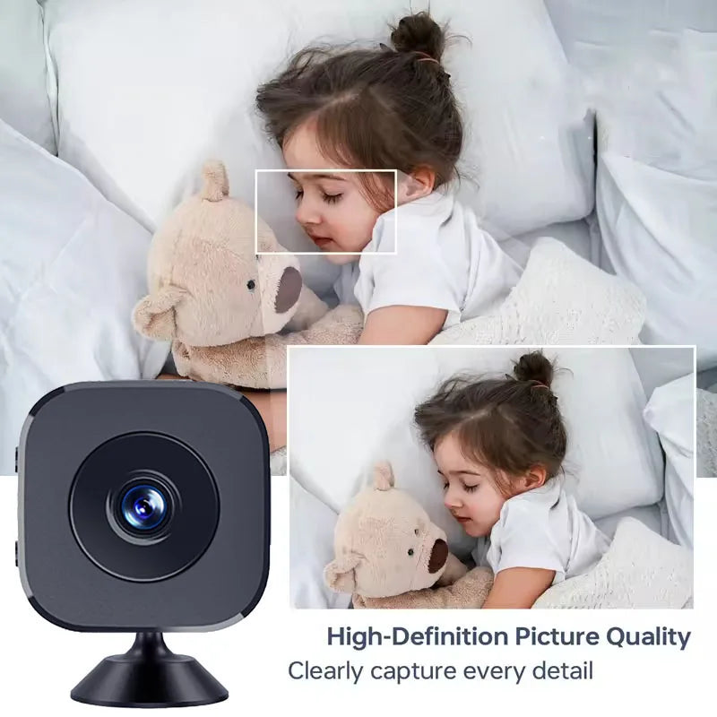 WinniHouse mini security camera with full-color 4K night vision, compact design, and wide-angle lens for home surveillance.