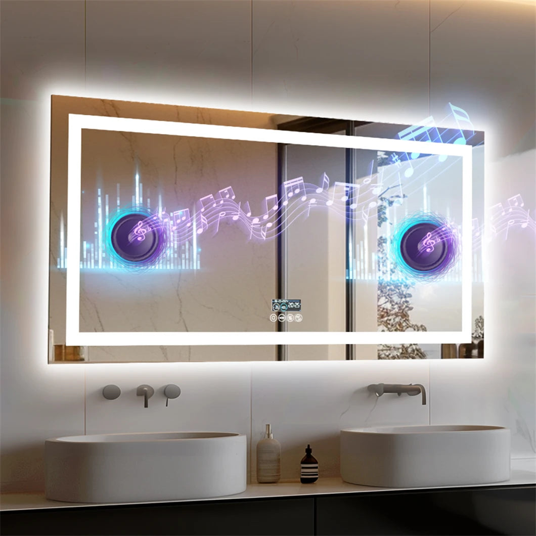 Smart LED bathroom mirror with Bluetooth and anti-fog, wall-mounted by WinniHouse, reflecting a modern bathroom setting.