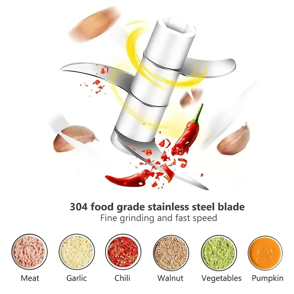 WinniHouse electric garlic chopper with USB, 250ml capacity, compact design, and stainless steel blades for easy garlic processing.