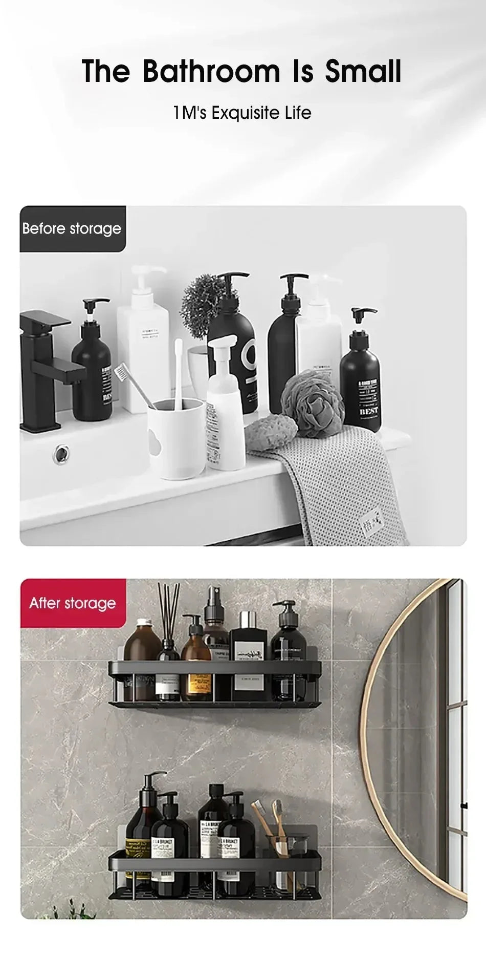 WinniHouse wall-mounted bathroom corner storage organizer with adhesive, shower shelf, and built-in drainage for bathroom organization.