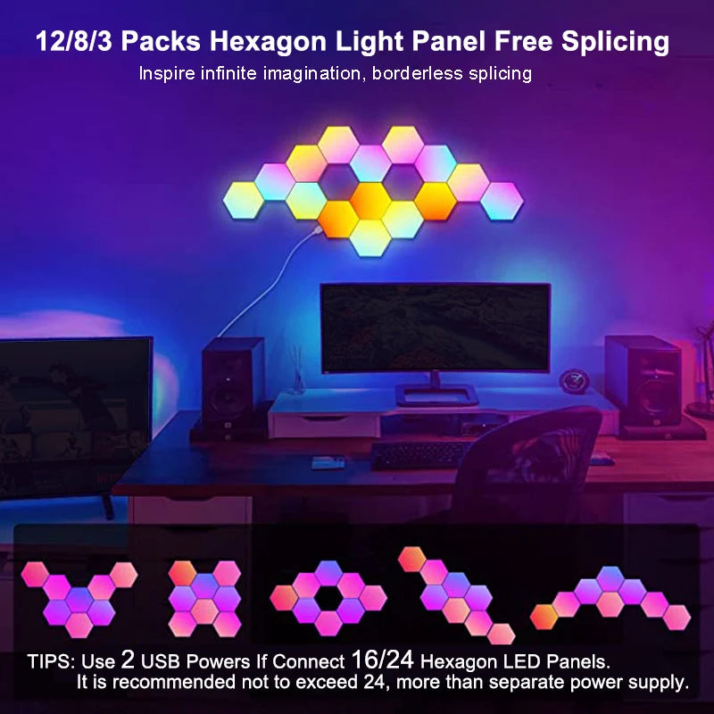 Hexagonal RGB LED light with Bluetooth from WinniHouse, showing colorful illuminated panel with touch controls.
