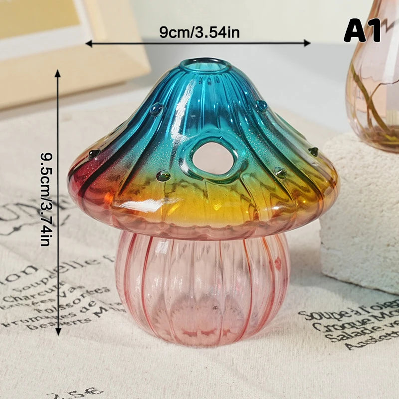 Colorful glass mushroom-shaped vase by WinniHouse, featuring vibrant hues and a smooth, rounded design perfect for decorative displays.