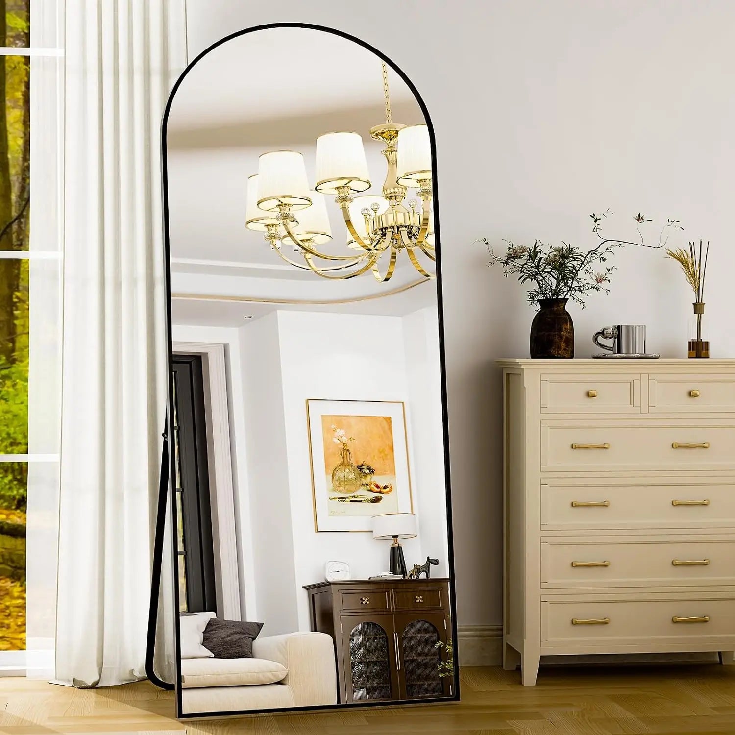 Full-length aluminum frame mirror by WinniShop, oversized 26x71 inch standing mirror for bedroom or living room decor.