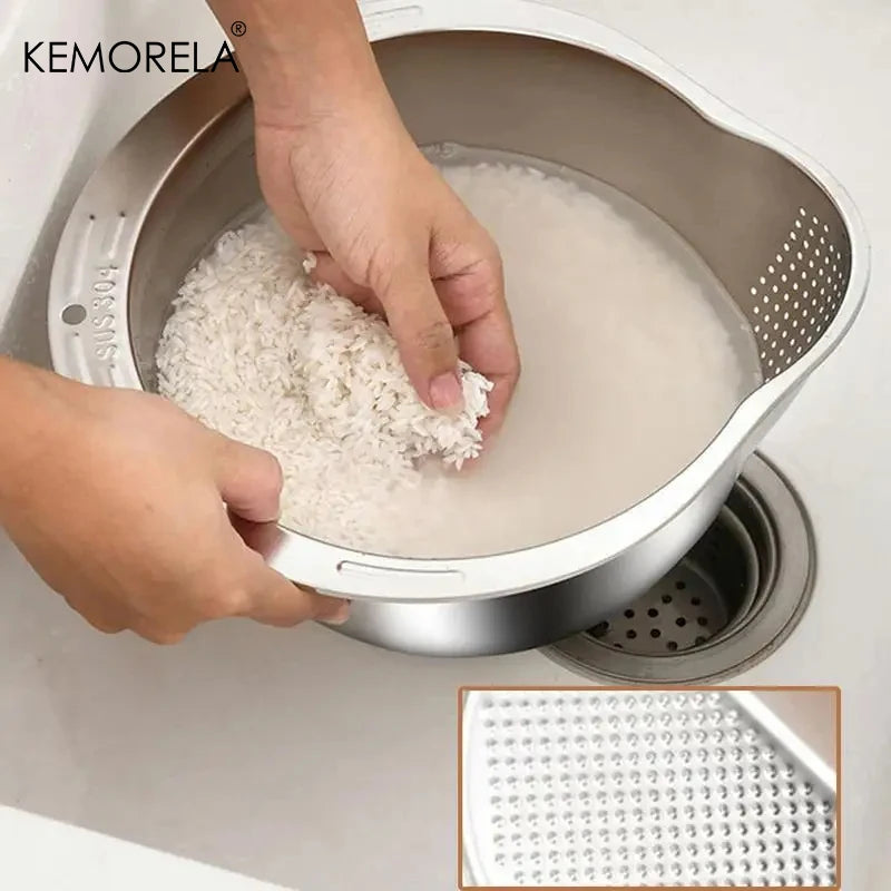 WinniHouse stainless steel rice washing bowl with fine mesh colander, ideal for rinsing rice, fruits, and vegetables in the kitchen