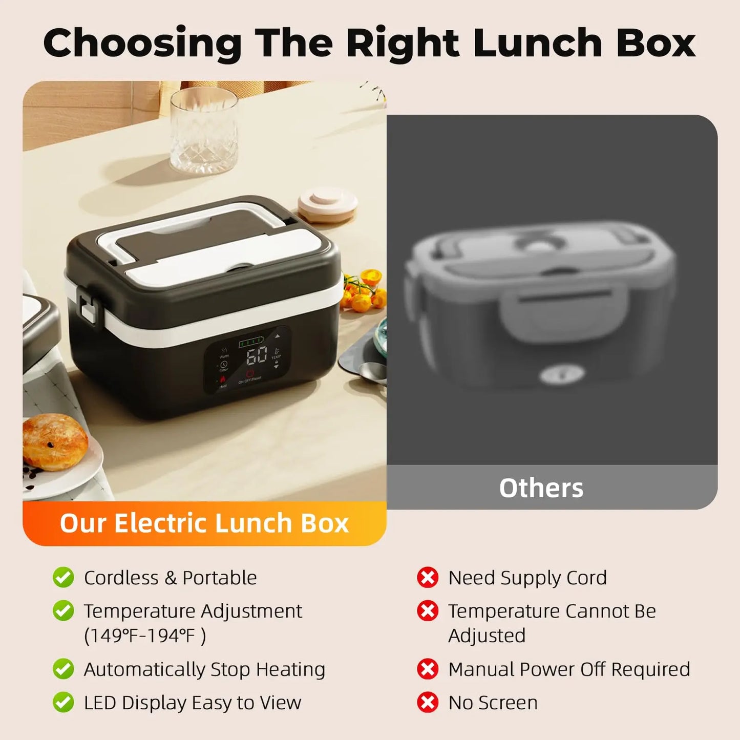 Wireless electric insulated lunch box by WinniHouse showing a sleek, portable food container with a modern design and secure lid.