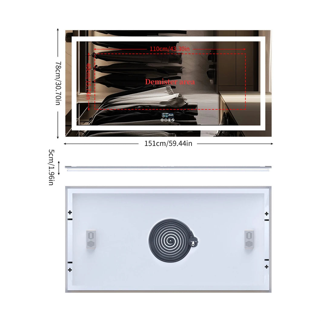 WinniHouse LED smart bathroom mirror with Bluetooth and anti-fog, wall-mounted, featuring modern design and illuminated display.