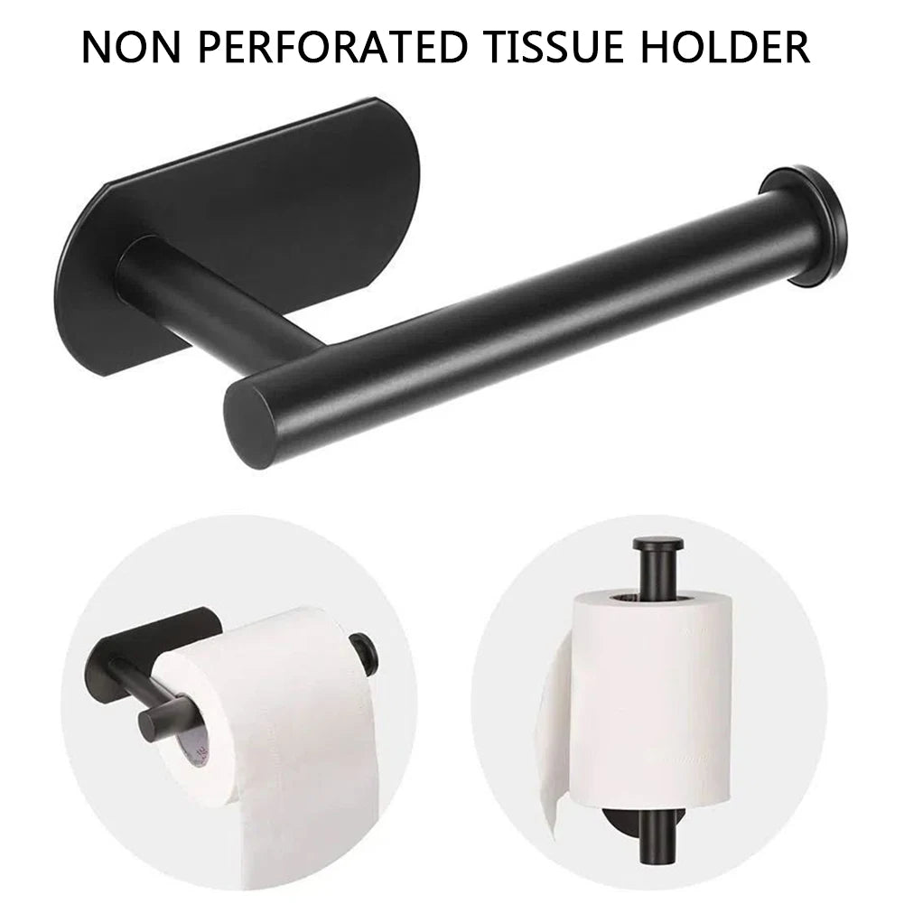 WinniHouse stainless steel wall-mounted toilet paper holder with adhesive backing, bathroom organizer, and towel support, no drilling needed.