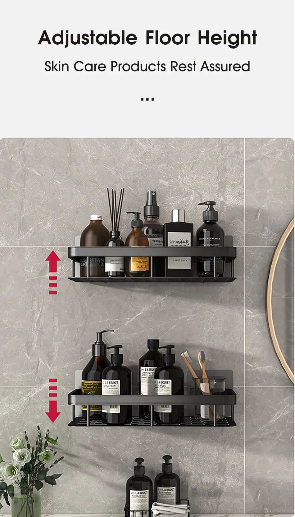 Wall-mounted bathroom storage shelf by WinniHouse, shower organizer for shampoo and bathroom accessories, with multiple compartments.