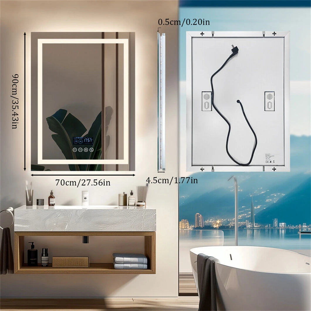 Rectangular smart bathroom LED mirror with Bluetooth speaker, anti-fog, backlit, and touch controls, mounted on bathroom wall.