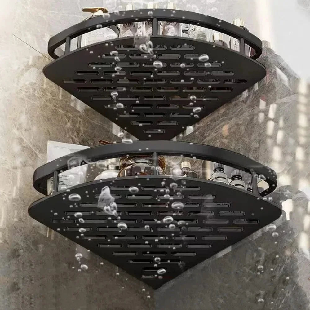 WinniHouse corner bathroom storage organizer with adhesive mount, wall-mounted shower shelf and drainage for bathroom organization.