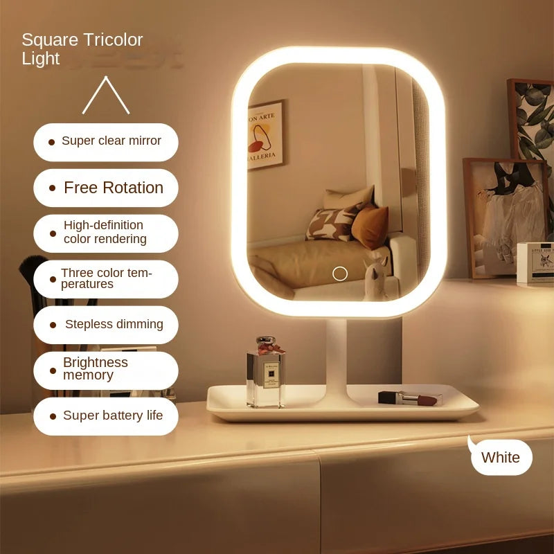 WinniHouse LED makeup mirror with touch control, three light temperatures, and rechargeable battery, shown with illuminated mirror surface.