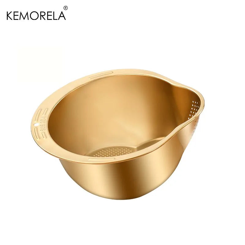 WinniHouse stainless steel rice washing bowl with strainer, ideal for rinsing rice, fruits, and vegetables in the kitchen.