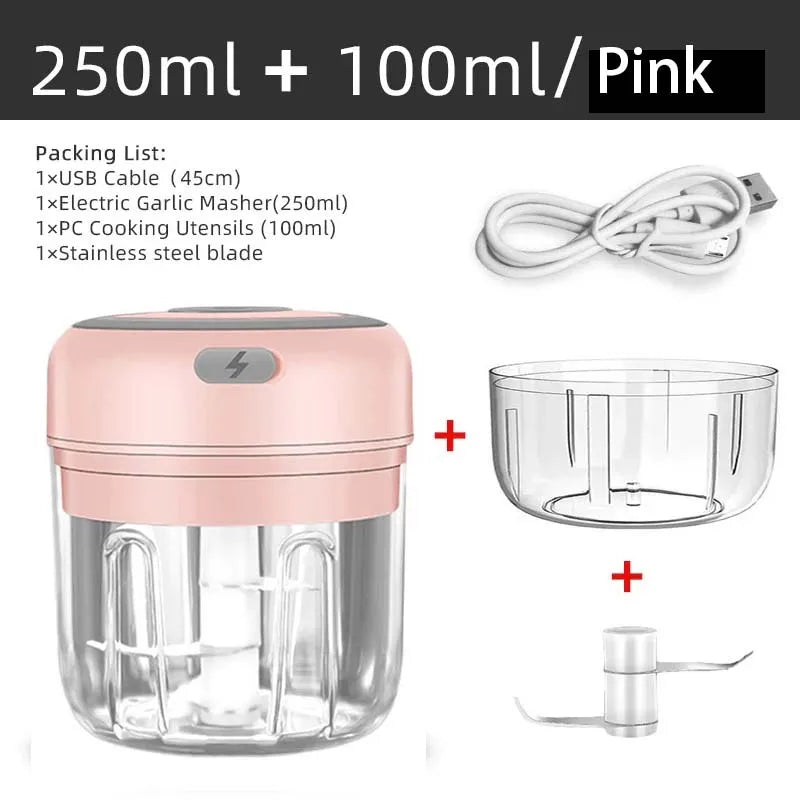 Electric garlic chopper by WinniHouse, USB-powered, 250ml capacity with stainless steel blades, compact kitchen gadget.