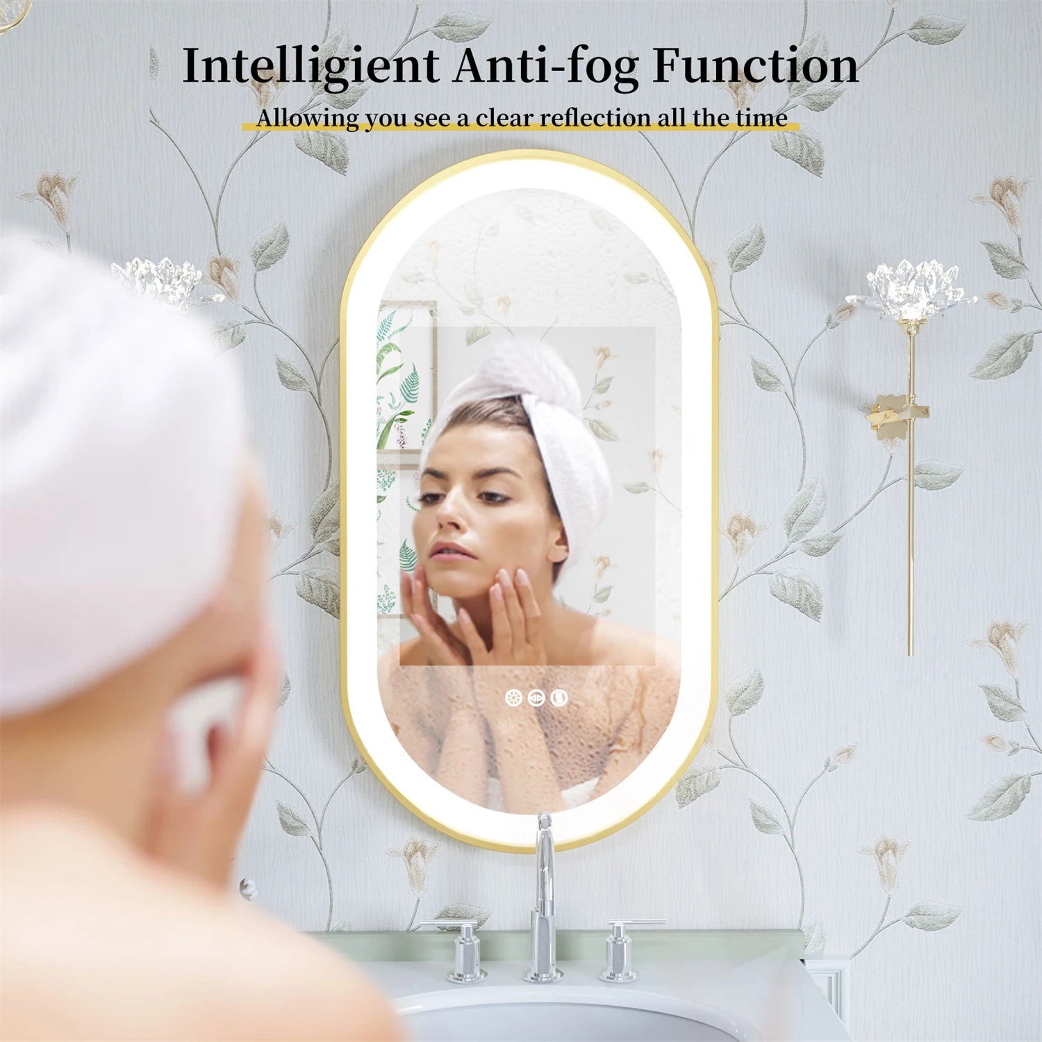Oval bathroom mirror with gold frame, LED lighting, anti-fog mirror for makeup and grooming, smart adjustable illumination.