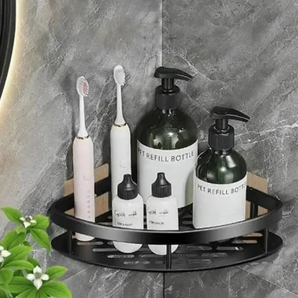 WinniHouse corner bathroom storage organizer with adhesive mount, wall shelf, shower caddy, and built-in drainage for bathroom organization