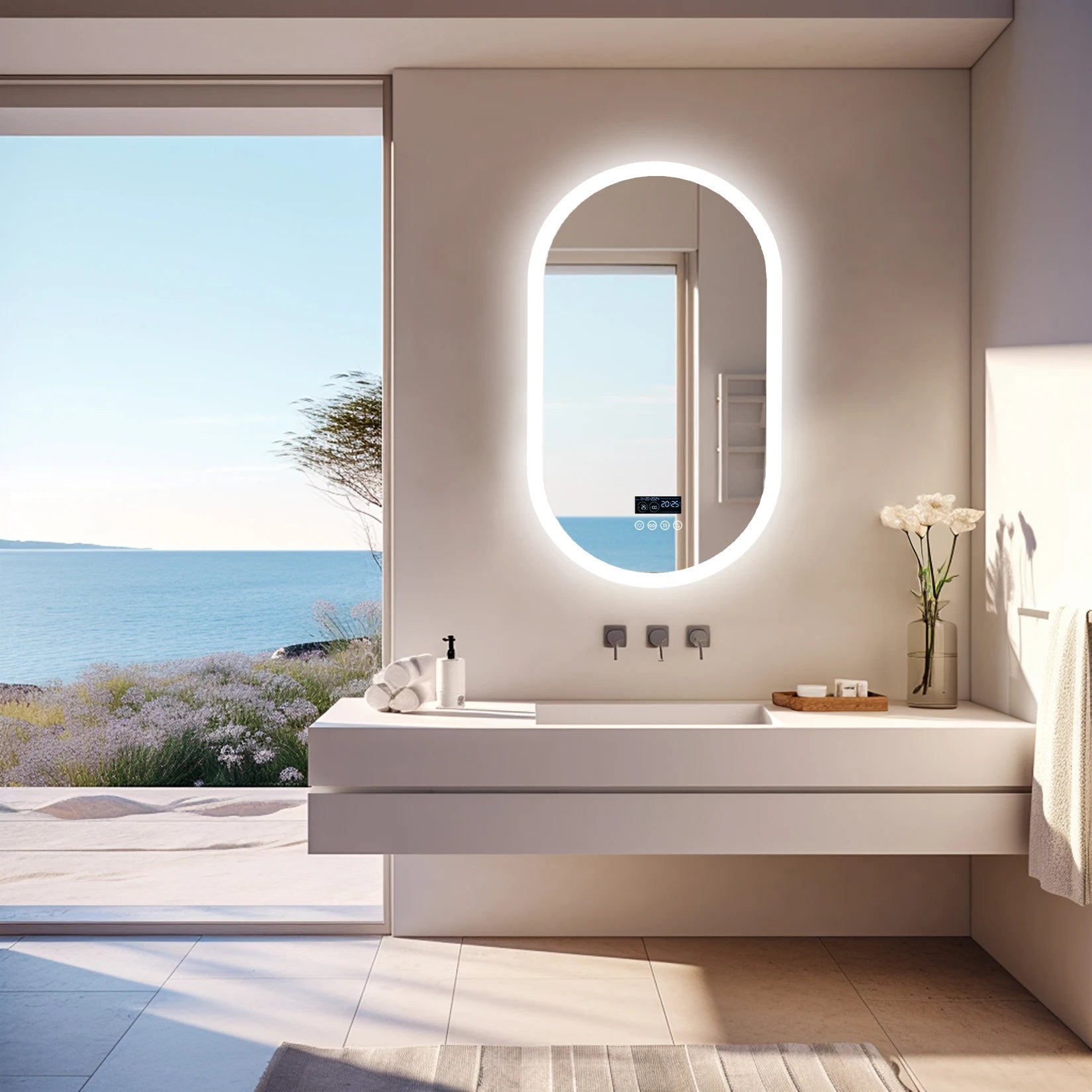 LED oval bathroom mirror with Bluetooth speaker, digital display, wall-mounted, 80/120 cm, smart makeup and vanity mirror