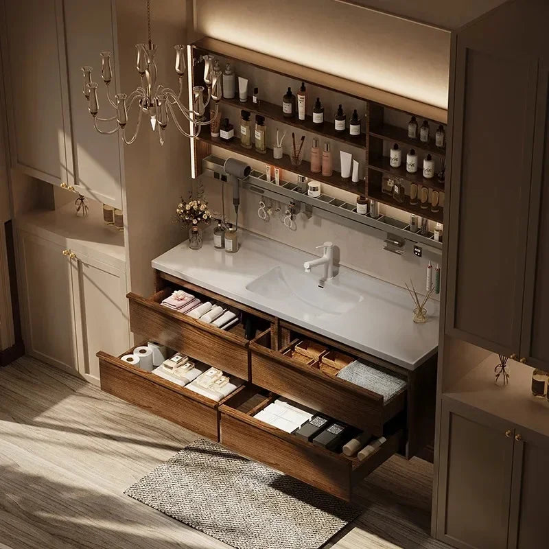 Solid wood vintage bathroom cabinet with sink, toilet separator, and storage drawers, stylish furniture from WinniShop