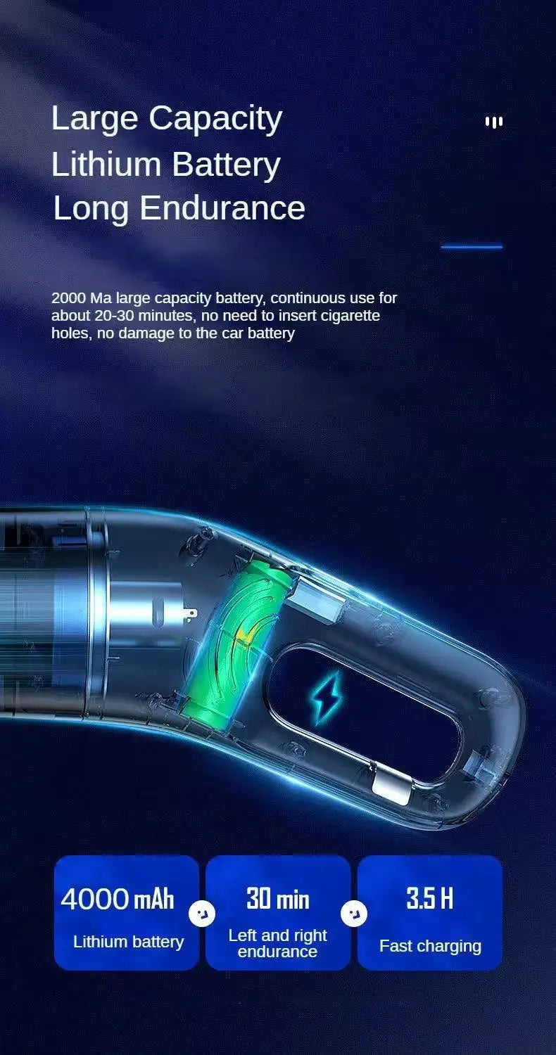 WinniShop LEIBOO portable cordless car vacuum cleaner with 10,000PA suction, compact handheld design for car interior cleaning.