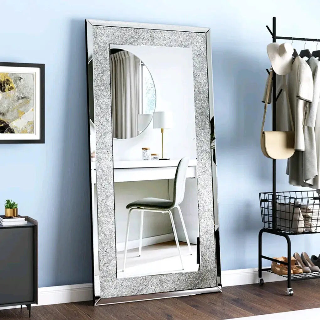 Large rectangular wall-mounted LUVODI crystal-embellished frameless vanity mirror with silver finish for home or hotel decor.