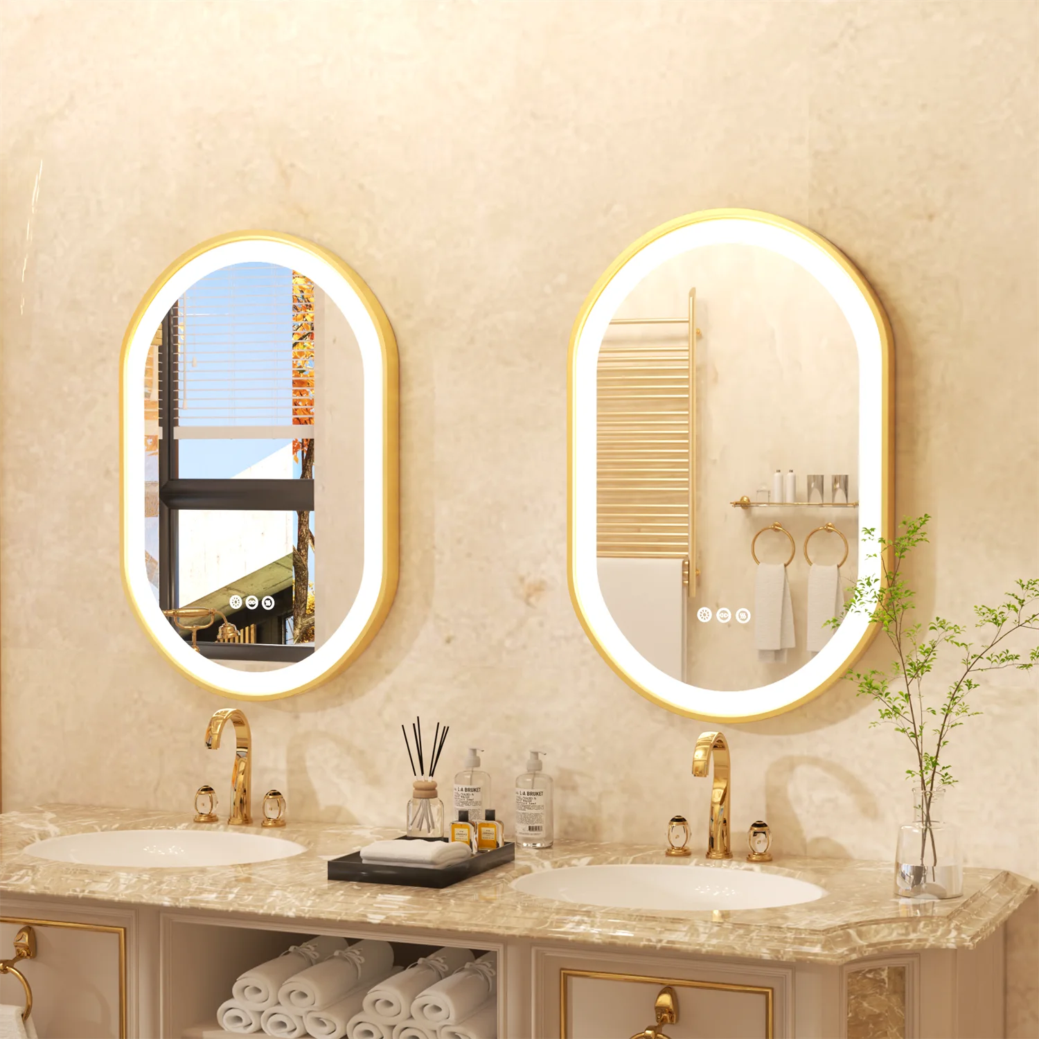 Oval bathroom mirror with gold frame, LED light, anti-fog, smart touch, and adjustable illumination for makeup and grooming.