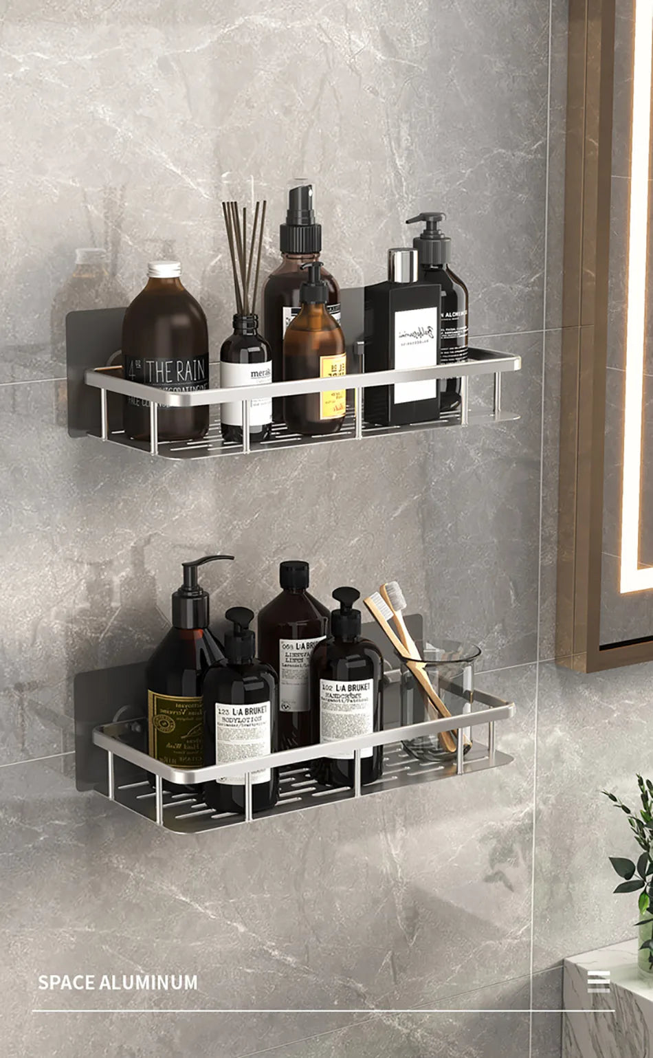 Wall-mounted bathroom storage shelf by WinniHouse, shower organizer for shampoo bottles and bathroom accessories.
