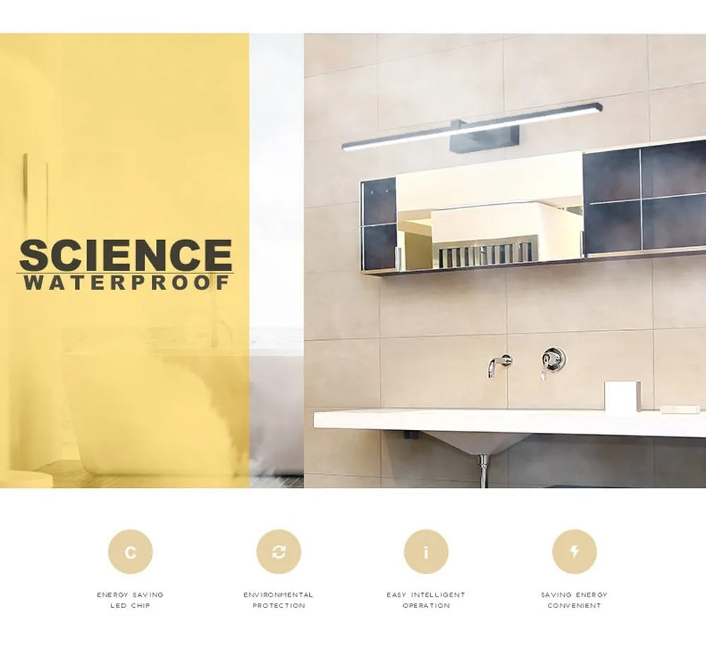 Modern black and white LED wall lamp for bathroom mirrors, waterproof interior lighting for makeup and bathroom decor.