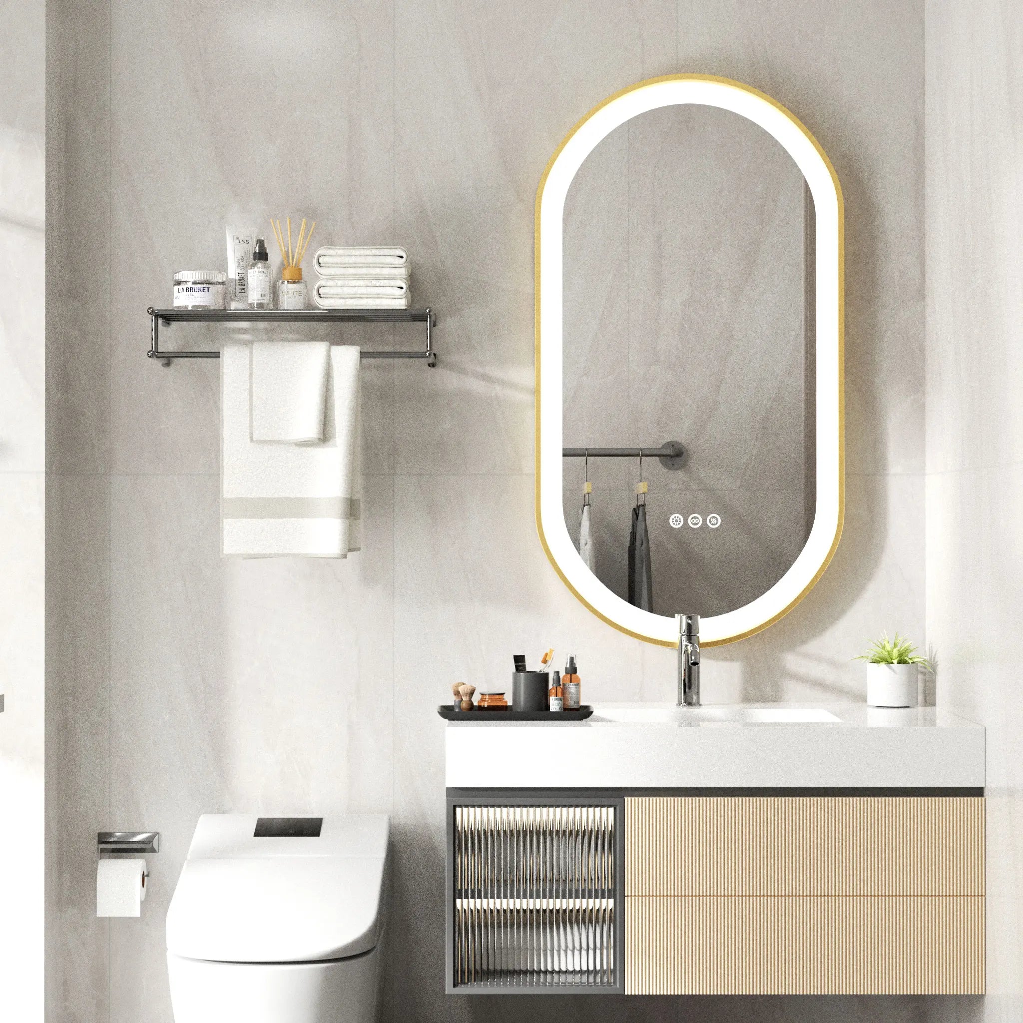 Large oval LED bathroom mirror with continuous dimmable lighting, wall-mounted design, anti-fog memory frame by WinniShop