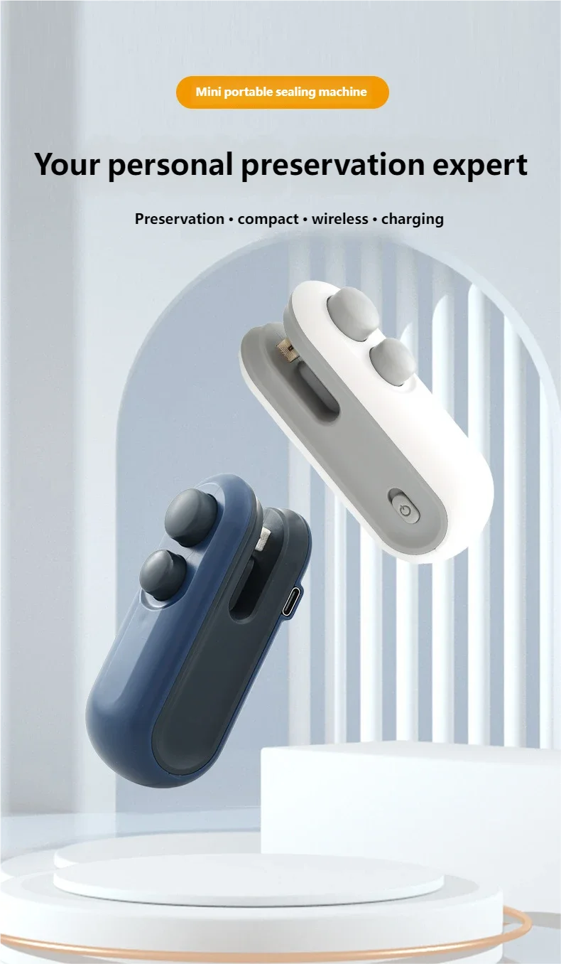 Portable WinniShop HOMEFISH mini USB rechargeable food sealer with storage bag, plastic packaging, and clip for fresh keeping.