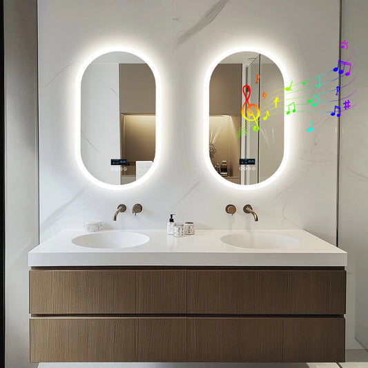 Oval LED bathroom mirror with Bluetooth speaker, digital display, wall-mounted, 80/120 cm, smart makeup and vanity mirror by WinniShop