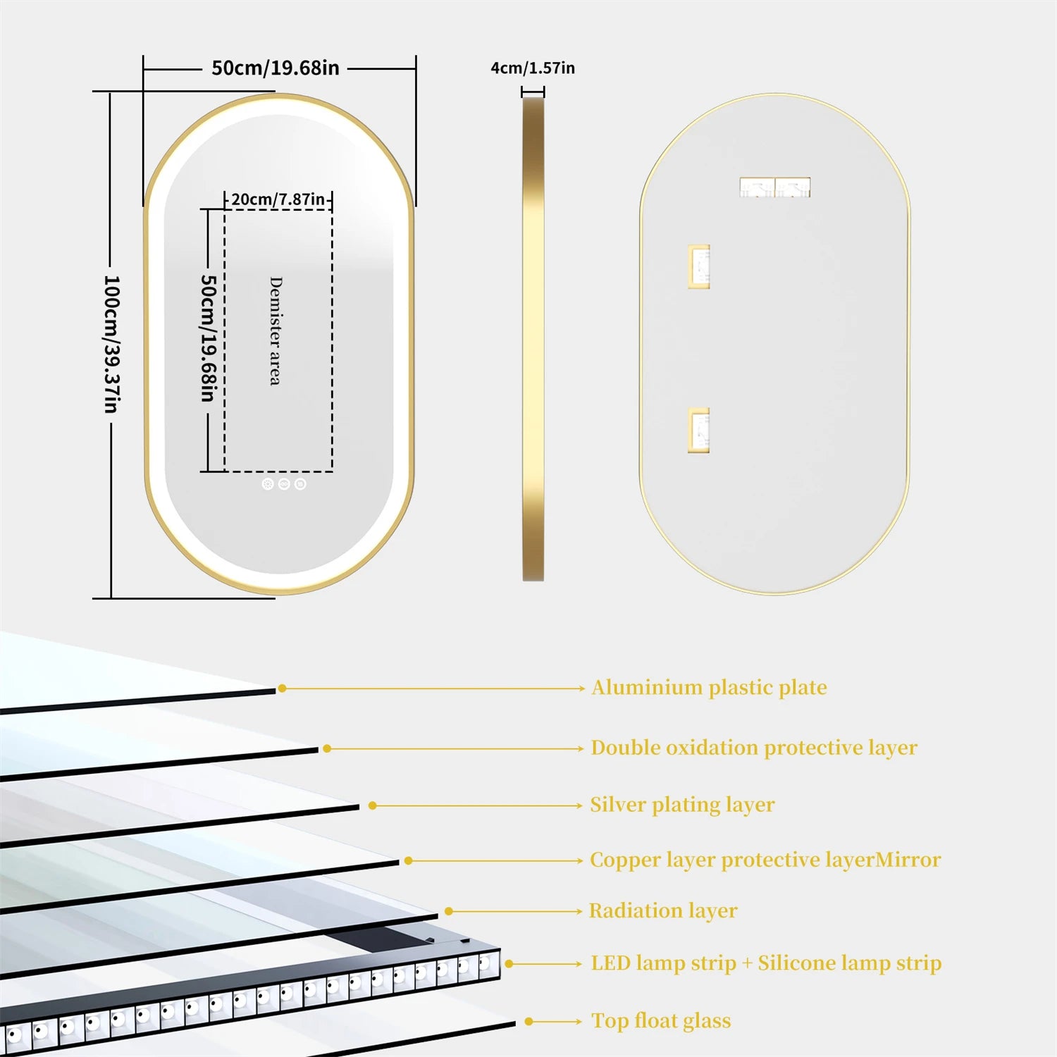 Oval bathroom mirror with gold frame, LED light, anti-fog, smart makeup mirror, adjustable illumination from WinniShop.