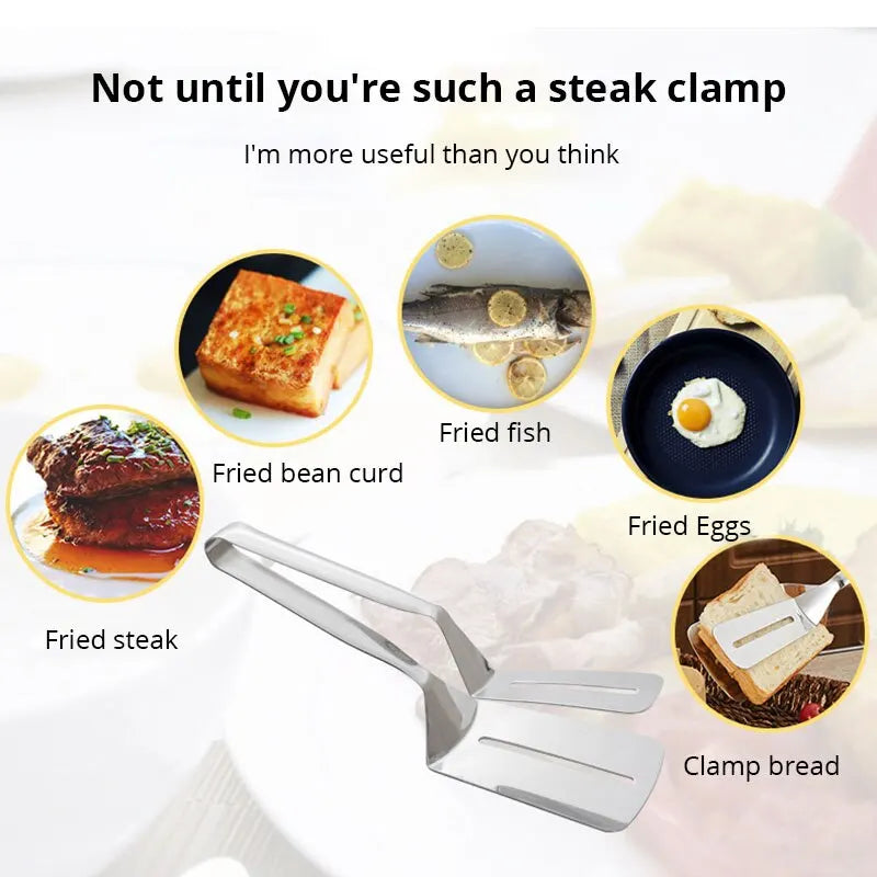 WinniHouse stainless steel fish fillet clip with pancake and barbecue tongs, ideal for grilling and cooking meat or fish.