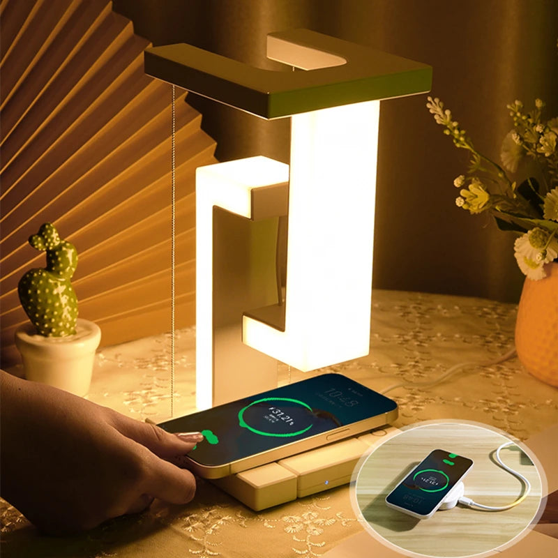 WinniHouse floating lamp with removable 10W wireless charger, modern design, illuminated with a sleek and stylish appearance.